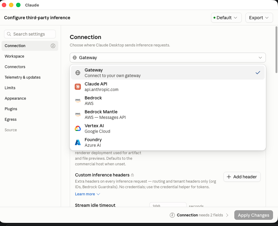 Desplegable de selección de proveedor de inferencia mostrando Gateway, Claude API, Bedrock, Bedrock Mantle, Vertex AI y Foundry