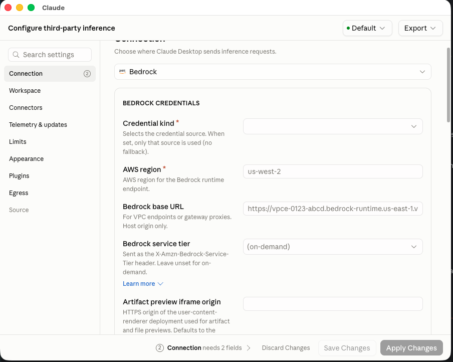 Formulario de credenciales de Bedrock con campos de credential kind, región de AWS y URL base de Bedrock